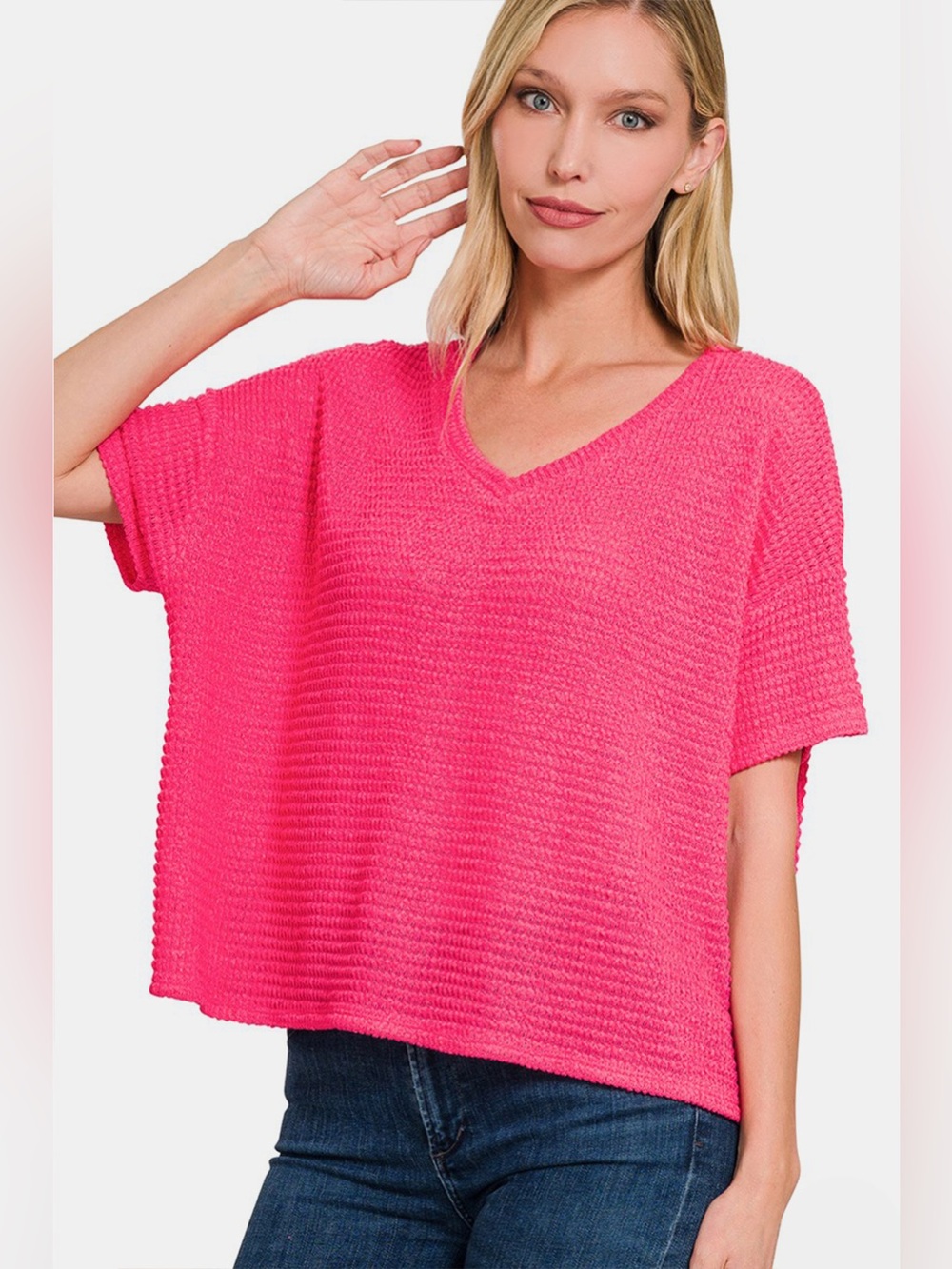 Zenana Drop Shoulder Short Sleeve Jacquard Knit Top